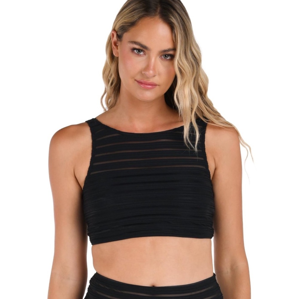NWT La Blanca Bikini Women's High Neck Midkini Top Black Lines 8